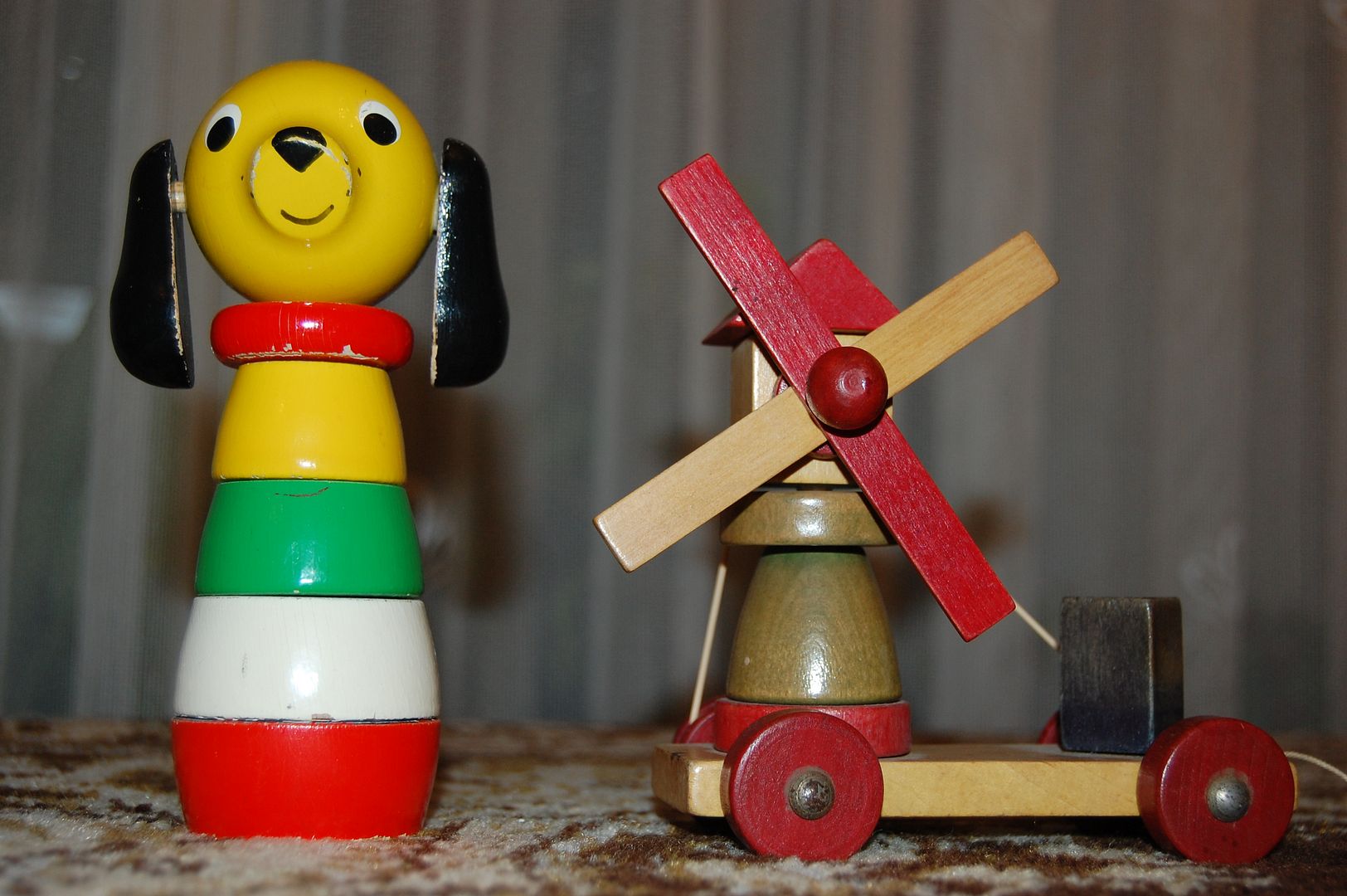 Antique 1950s Wooden Stacking Dog Toy & Windmill Wood Pulling Toys Jadees Antique Bear Shoppe